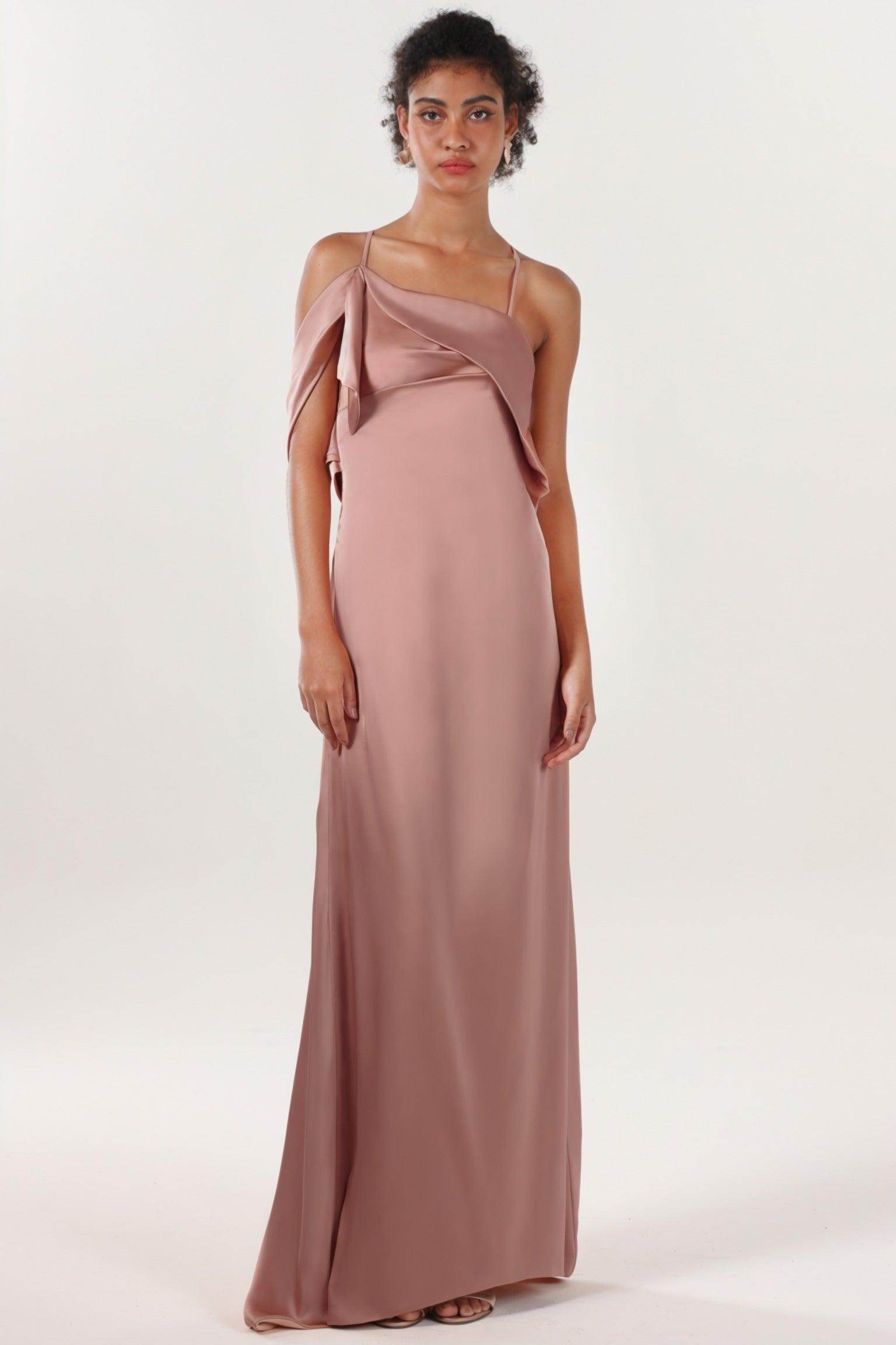 Sheath-Column Sweep-Brush Train Luxe Satin Bridesmaid Dress CS0598BM - COCOMELODY
